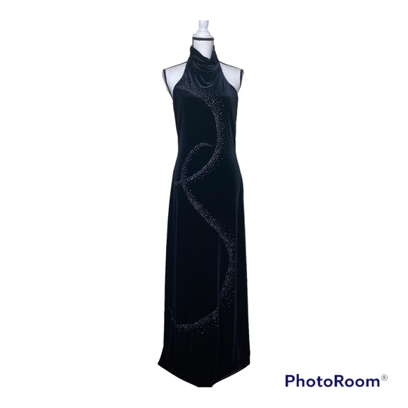 Jessica McClintock Size 10 Black Velvet Maxi Prom Dress Halter Sequins Cowl - Picture 3 of 12